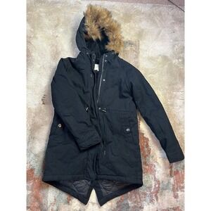 Aeropostale Small Black Winter Parka Coat Faux Fur Hood Drawstring‎ Casual Warm
